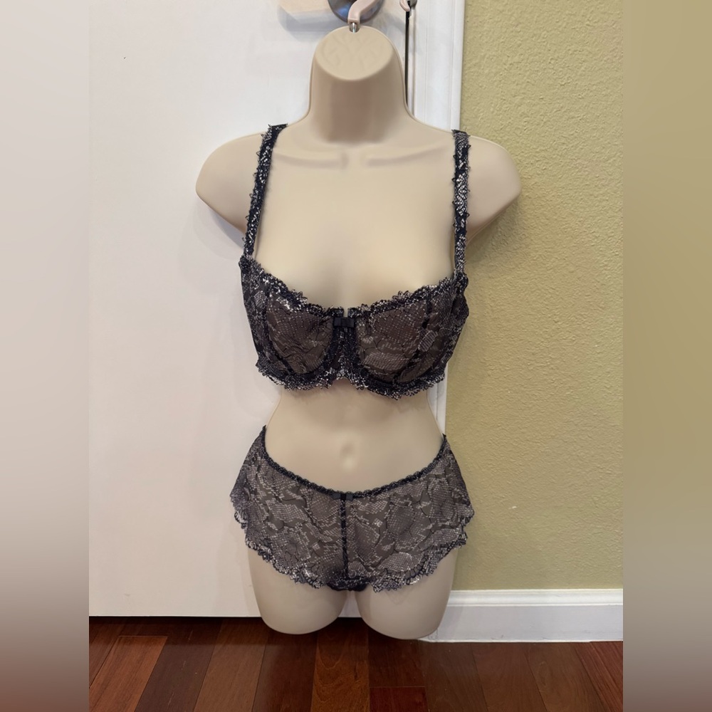 Chantelle Paris Paris Lace Bra & Panty Set –Sheer Black Gray Balconette Lingerie